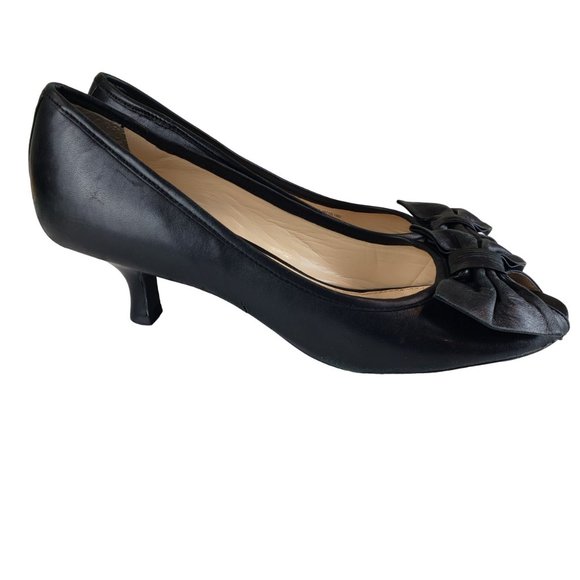 Franco Sarto Black Leather Open Toe Pump Kitten Heels with Bow 9M - Picture 8 of 10